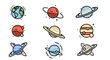 © Jawa - Collection of Colorful Cartoon Planets with Rings and Moons.