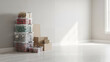 © Tamaras Pictures 4U - Stacked storage bins and cardboard boxes in empty room with light