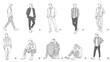 © Stock Image Zone - Collection of male figure illustrations in various casual poses. Line art design set.