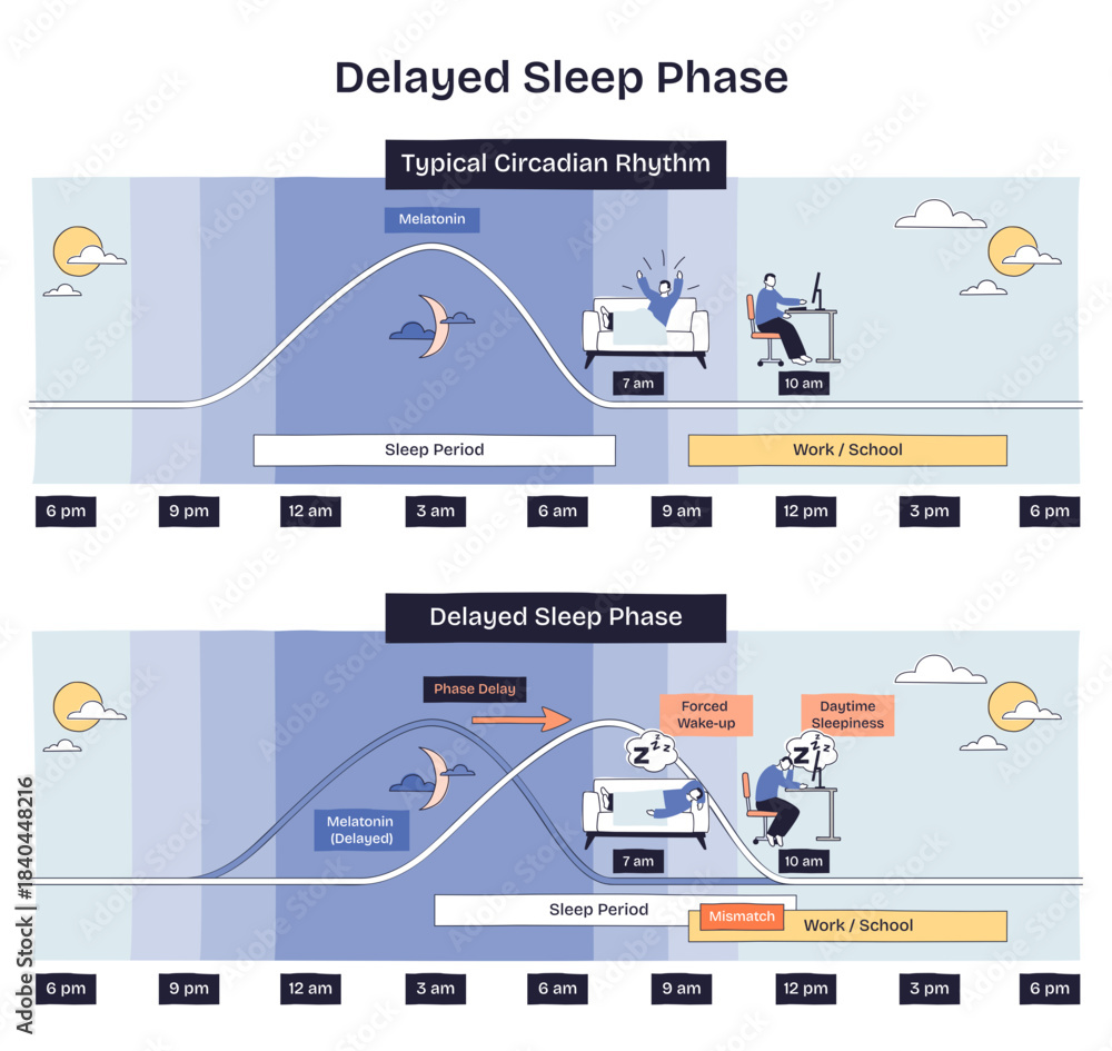 Sleep Less Visual Delayed sleep phase visual shows melatonin curve, bed, and desk ...