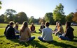 © Sandra - Small gathering of people sitting in circle on grassy field engaged in community organizing with clear sky backdrop. High quality