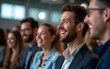 © Scott - Close up picture of a happy and laughing staff or participant people group listening to a startup business owner at a trade show exhibition event. Generative AI. High quality