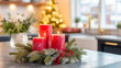 © Work Smartly - Holiday Centerpiece of Red Candles and Pine on a Kitchen Counter