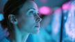 © Work Smartly - Focused Female Doctor Analyzing Medical Data with Blue and Pink Illumination