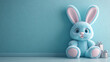 © Alena - Fluffy blue Easter bunny stuffed animal sitting on a light blue floor with small silver gift boxes, representing children's joy and festive holiday celebrations