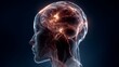 © NK_Media - Human head profile with transparent skull revealing an active, glowing brain neural pathways, cognition, neuroscience, ai, interconnected thinking processes mental diseases ai psychology