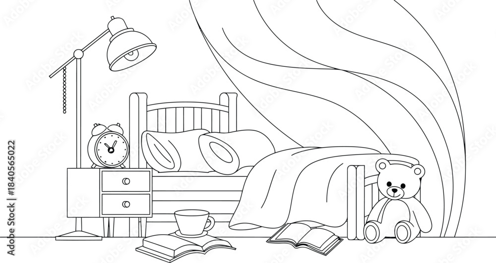 Cozy Bedroom Interior Line Art Vector Illustration with Furniture ...