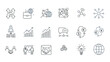 © Huzaifa - Collection of dark blue line art icons representing global business finance strategy development and networking concepts
