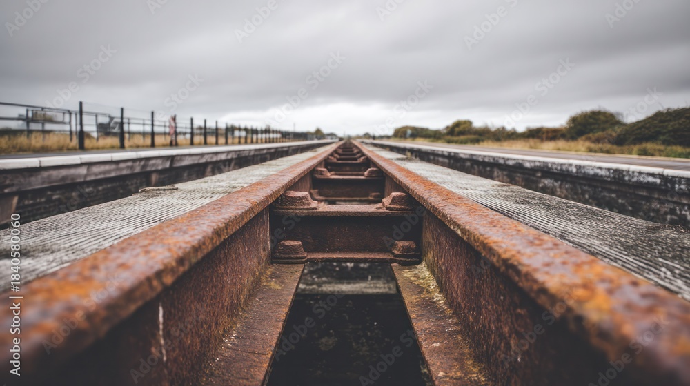 Abandoned railway platform with rusty tracks receding under an overcast ...