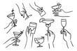 © Tanjil Hasnat - hands hold wine clinking glasses line art vector illustration,continuous drawing contour.Cheers toast festive decoration for new year.