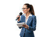 © shahida  - Professional businesswoman wearing glasses and a blue suit holding a microphone and notepad isolated on transparent background