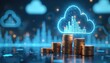 © miss irine - Digital cloud computing concept shows money growth. Stacks of gold coins rise with city skyline inside glowing cloud. Data analytics, tech infrastructure optimize business costs, boost financial