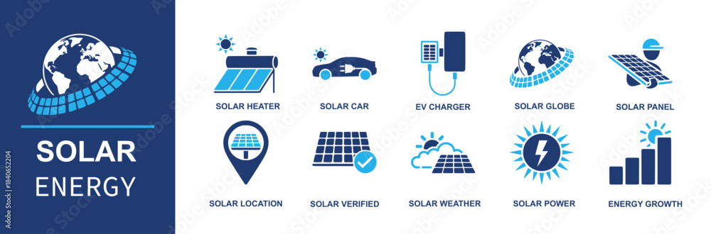Solar energy icon set. Containing solar heater, solar car, ev charger ...