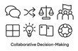 © Innovator587 - Collaborative Icon Grid. Collaborative Decision-Making linear set: discussion bubbles, joined arrows, comparison chart, community flag, alignment grid, shared insight spark, option