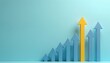© miss irine - Multiple arrows point upward on light blue background. One yellow arrow stands taller than the blue arrows indicating growth. A concept of business success and reaching goals.