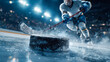 © Mike - Player skates on ice while striking a puck during a hockey game in an arena at night with bright lights