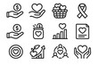 © King558 - Charitable Icons Series. Charitable Giving Concepts linear set: open-hand donation, generosity heart, shared resources basket, support ribbon, contribution token, fund collection