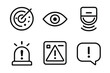© Fortune228 - Security Alert Icons. Alert Monitoring linear set: radar sweep, eye icon, motion sensor, status light, alert panel, notification bubble.