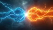 © miss irine - Abstract blue, orange energy clouds clash with bright lightning bolts. Powerful electric forces collide in dramatic motion against dark stormy skies. Intense energy transfer sparks intense