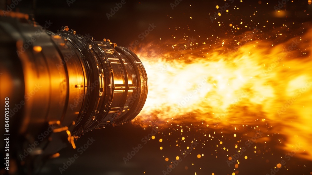 Jet Engine Fire Color A powerful jet engine in close-up releases a burst of blazing fire with ...