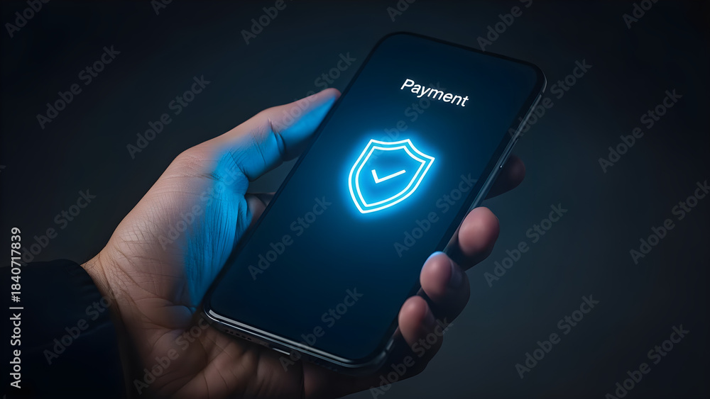 Hand holds smartphone displaying glowing security shield checkmark icon ...
