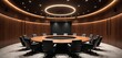 © miss irine - Luxury round conference room with wood paneled walls and modern circular ceiling lights. Black leather chairs surround a large oval wooden table, ideal for business meetings or executive discussions.