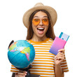 © Damir Khabirov - Excited female tourist holding globe in one hand and passport with tickets in other, ready to flight
