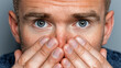 © StudioAi - A close-up portrait of a man covering his mouth with both hands, showcasing his expressive blue eyes and a look of surprise or concern.
