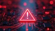 © miss irine - Digital circuit board glows red with a warning triangle. Critical error alert flashes, showing tech system failure or data outage. Cyber security threat detected on network hardware.