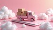 © Pete - Pink delivery truck sits on smartphone surrounded by fluffy clouds. Cardboard boxes fill truck bed. Concept for online shopping and digital logistics.