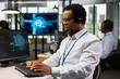 © DC Studio - IT professional providing remote diagnostics using artificial intelligence technology, troubleshooting technical faults in office. Admin managing support tickets, talking in headset mic