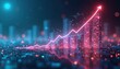 © Pete - Digital abstract graph shows upward trend with glowing bars representing city buildings. Futuristic line chart indicates economic growth and success.
