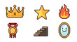 © Graphic Genius - Six pixel art video game achievement icons including a golden crown, shiny star, fire, medal, stairs, and a mirror, created in a nostalgic 8-bit retro style