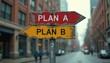 © Pete - Rusty directional signpost in city street shows options Plan A and Plan B. People face choices and make decisions on their life path. Two different routes are indicated.