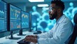© Viktor - Man in lab coat analyzes charts on computer screens in a modern lab. Scientist works with data on multiple monitors, focusing on research graphs and statistics. Future science exploration.