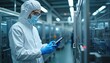© Viktor - Scientist in sterile suit glasses mask gloves uses tablet in production plant. Expert checks quality control process on digital device. Modern factory setting.