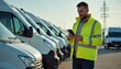 © Viktor - Fleet manager wears hi-vis jacket uses phone. He checks row of white delivery vans parked in lot. Sunny day, industrial area background. Modern logistics operations.