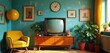 © Viktor - Retro living room scene with yellow armchair, vintage television, and potted plants. Teal walls and golden curtains create a warm, dated aesthetic perfect for nostalgia.