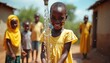 © Viktor - African child smiles happily under clean water stream from well. Other kids wait nearby. Project gives village fresh water access. Community benefits from new well.