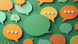 © Viktor - Colorful speech bubbles with dots and exclamation marks communicate ideas and messages. These shapes represent chat conversation, discussion, and social media interaction on a green backdrop.