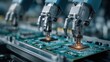 © pingpao - Advanced robotic arms assembling circuit boards in a high-tech manufacturing environment, showcasing automation in electronics production.