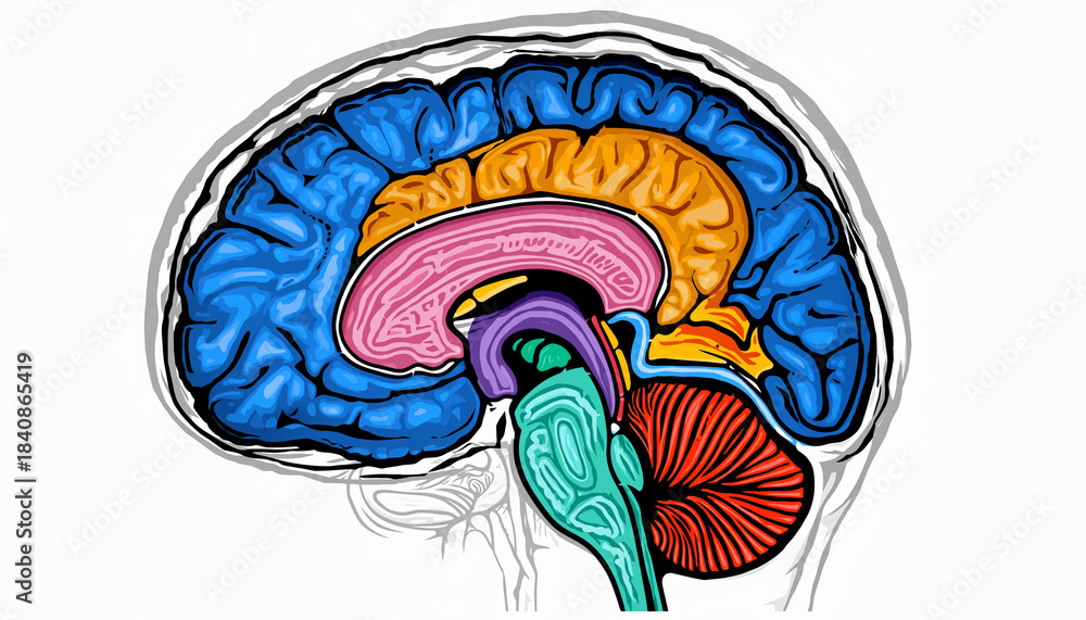 Detailed Sagittal View of the Human Brain with Color-Coded Regions ...