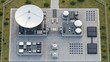 © Johnnii - Aerial view of a modern facility featuring satellite dishes and industrial equipment, surrounded by greenery and paved pathways.