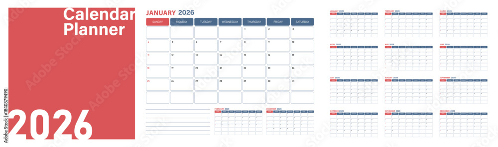 Monthly calendar layout for 2026 year. Diary planner for 2026 year