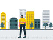 © roundsquid - A man walks in the city holding a cup of coffee. Modern urban life vector illustration. Flat illustration concept.