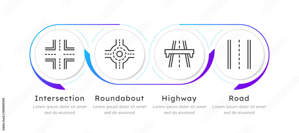 Road types circle bile gradient infographic 4 steps. Intersection ...