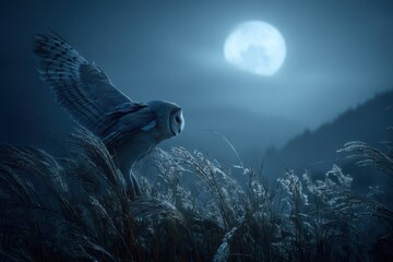  Barn Owl in Silent Flight Under a Moonlit Night Sky