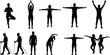 © Sumon Creative - Human silhouette fitness and activity illustration set featuring yoga poses stretching exercises walking and jumping movements, black athletic vector collection
