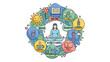 © faried ailesh - Illustration of a woman meditating surrounded by icons representing self-care, mindfulness, and mental well-being, including nature, books, exercise, music, and healthy habits.