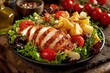 © Ifti Digital - Delicious old fashioned salad featuring grilled chicken, red and green vegetables, and seasoned potatoes on a rustic wooden table
